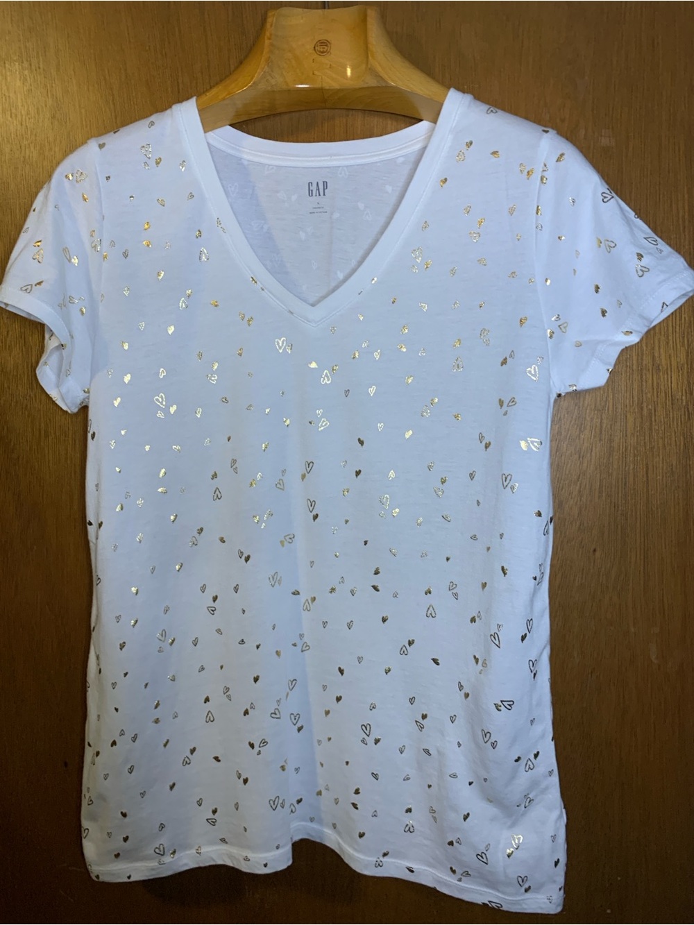 GAP White V-Neck Tee with Gold Heart Accents